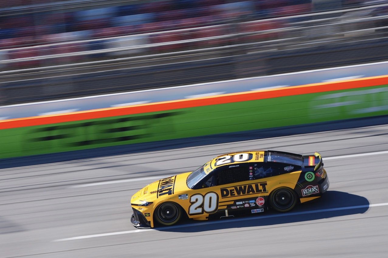 TALLADEGA, ALABAMA - OCTOBER 24: Christopher Bell, driver of the #20 DeWalt Toyota, drives during qualifying for the NASCAR Cup Series YellaWood 500 at Talladega Superspeedway on October 24, 2026 in Talladega, Alabama. (Photo from Joe Gibbs Racing)