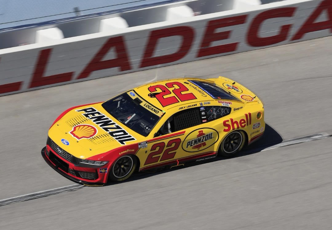 TALLADEGA, ALABAMA - OCTOBER 25: Joey Logano, driver of the #22 Shell Pennzoil Ford, drives during the NASCAR Cup Series YellaWood 500 at Talladega Superspeedway on October 25, 2026 in Talladega, Alabama. (Photo from Team Penske)