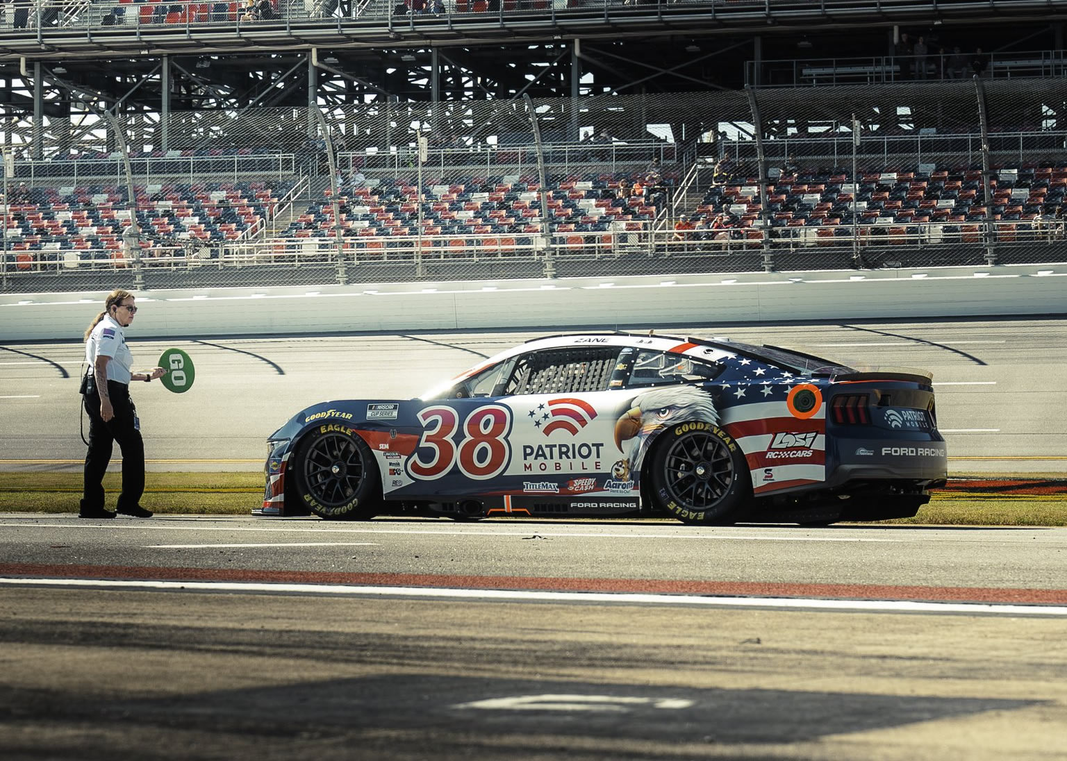 TALLADEGA, ALABAMA - OCTOBER 24: Zane Smith, driver of the #38 Patriot Mobile Ford, during qualifying for the NASCAR Cup Series YellaWood 500 at Talladega Superspeedway on October 24, 2026 in Talladega, Alabama. (Photo from Front Row Motorsports)