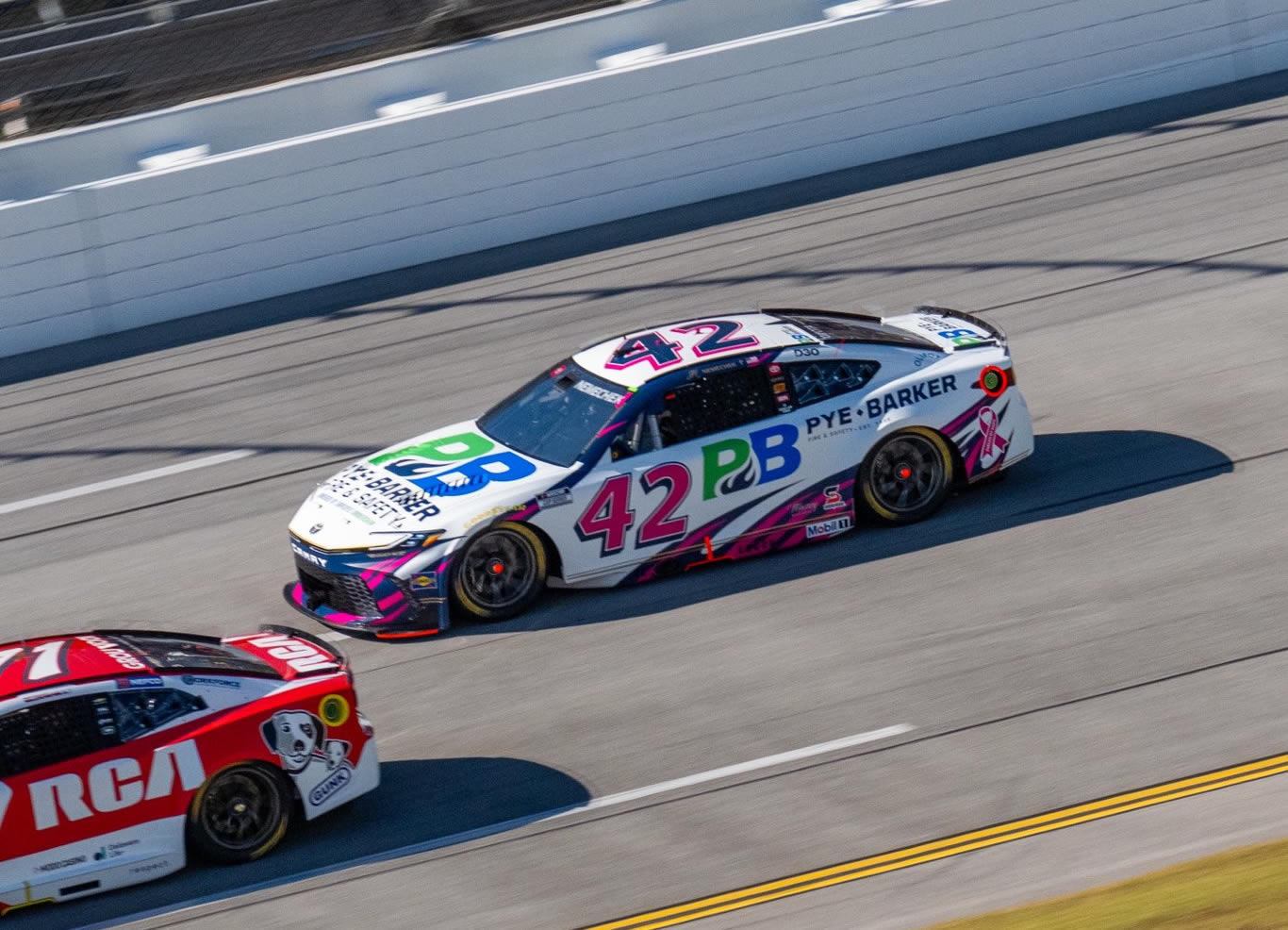 TALLADEGA, ALABAMA - OCTOBER 25: John Hunter Nemechek, driver of the #42 Pye-Barker Fire & Safety Toyota, drives during the NASCAR Cup Series YellaWood 500 at Talladega Superspeedway on October 25, 2026 in Talladega, Alabama. (Photo from Legacy Motor Club)