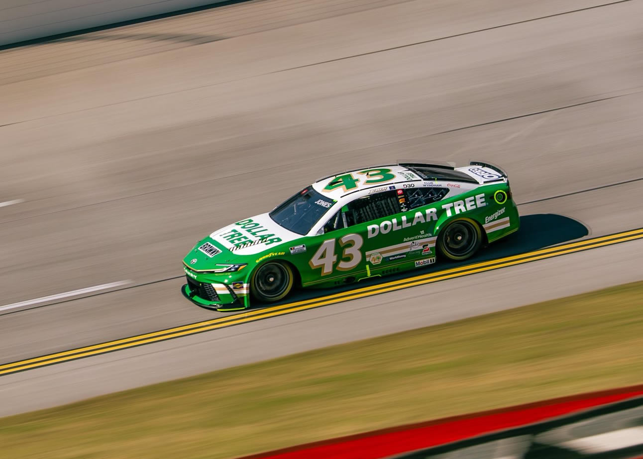 TALLADEGA, ALABAMA - OCTOBER 25: Erik Jones, driver of the #43 Dollar Tree Toyota, drives during the NASCAR Cup Series YellaWood 500 at Talladega Superspeedway on October 25, 2026 in Talladega, Alabama. (Photo from Legacy Motor Club)
