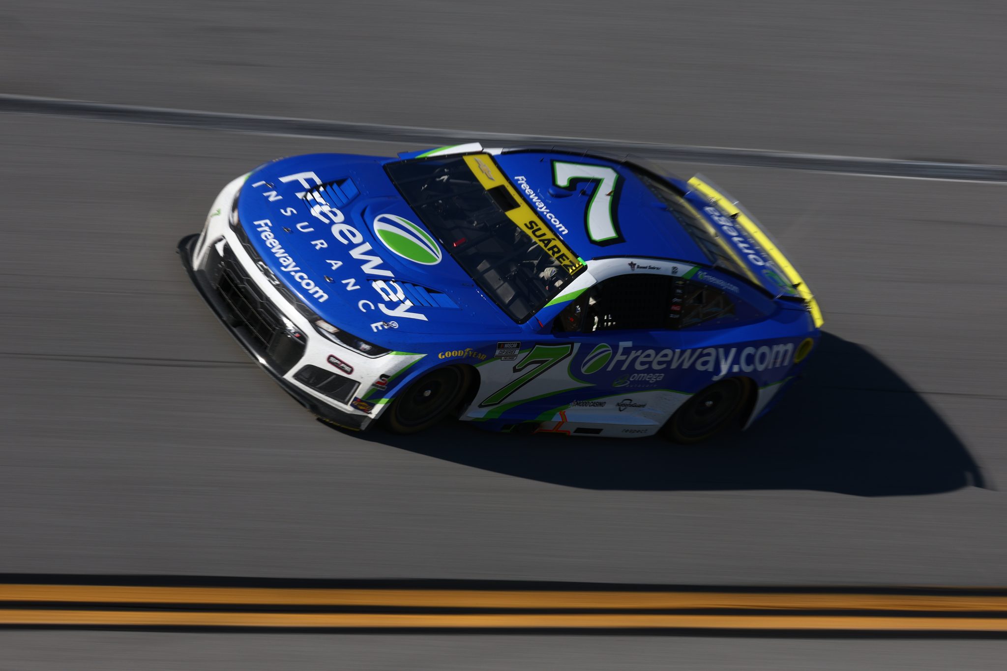 TALLADEGA, ALABAMA - OCTOBER 25: Daniel Suarez, driver of the #7 Freeway Insurance Chevrolet, drives during the NASCAR Cup Series YellaWood 500 at Talladega Superspeedway on October 25, 2026 in Talladega, Alabama. (Photo by Karl Anderson/Getty Images) | Getty Images