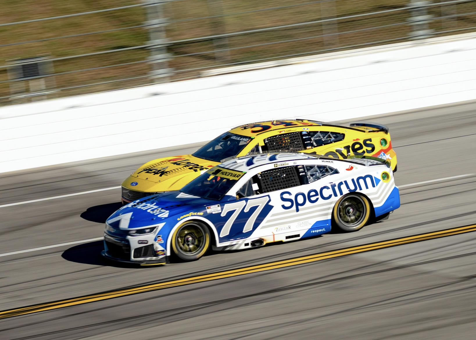 TALLADEGA, ALABAMA - OCTOBER 25: Carson Hocevar, driver of the #77 Spectrum Chevrolet, drives during the NASCAR Cup Series YellaWood 500 at Talladega Superspeedway on October 25, 2026 in Talladega, Alabama. (Photo from Spire Motorsports)