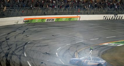 TALLADEGA, ALABAMA - OCTOBER 25: Kyle Larson, driver of the #5 HendrickCars.com Chevrolet, celebrates after winning during the NASCAR Cup Series YellaWood 500 at Talladega Superspeedway on October 25, 2026 in Talladega, Alabama. (Photo by Sean Gardner/Getty Images) | Getty Images