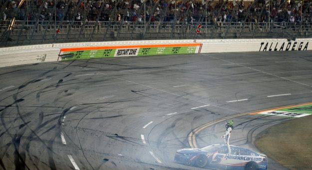TALLADEGA, ALABAMA - OCTOBER 25: Kyle Larson, driver of the #5 HendrickCars.com Chevrolet, celebrates after winning during the NASCAR Cup Series YellaWood 500 at Talladega Superspeedway on October 25, 2026 in Talladega, Alabama. (Photo by Sean Gardner/Getty Images) | Getty Images