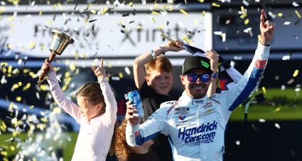 TALLADEGA, ALABAMA - OCTOBER 25: Kyle Larson, driver of the #5 HendrickCars.com Chevrolet, celebrates in victory lane after winning the NASCAR Cup Series YellaWood 500 at Talladega Superspeedway on October 25, 2026 in Talladega, Alabama. (Photo by Karl Anderson/Getty Images) | Getty Images