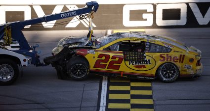 TALLADEGA, ALABAMA - OCTOBER 25: Joey Logano, driver of the #22 Shell Pennzoil Ford, is towed after an on-track incident during the NASCAR Cup Series YellaWood 500 at Talladega Superspeedway on October 25, 2026 in Talladega, Alabama. (Photo by Sean Gardner/Getty Images) | Getty Images