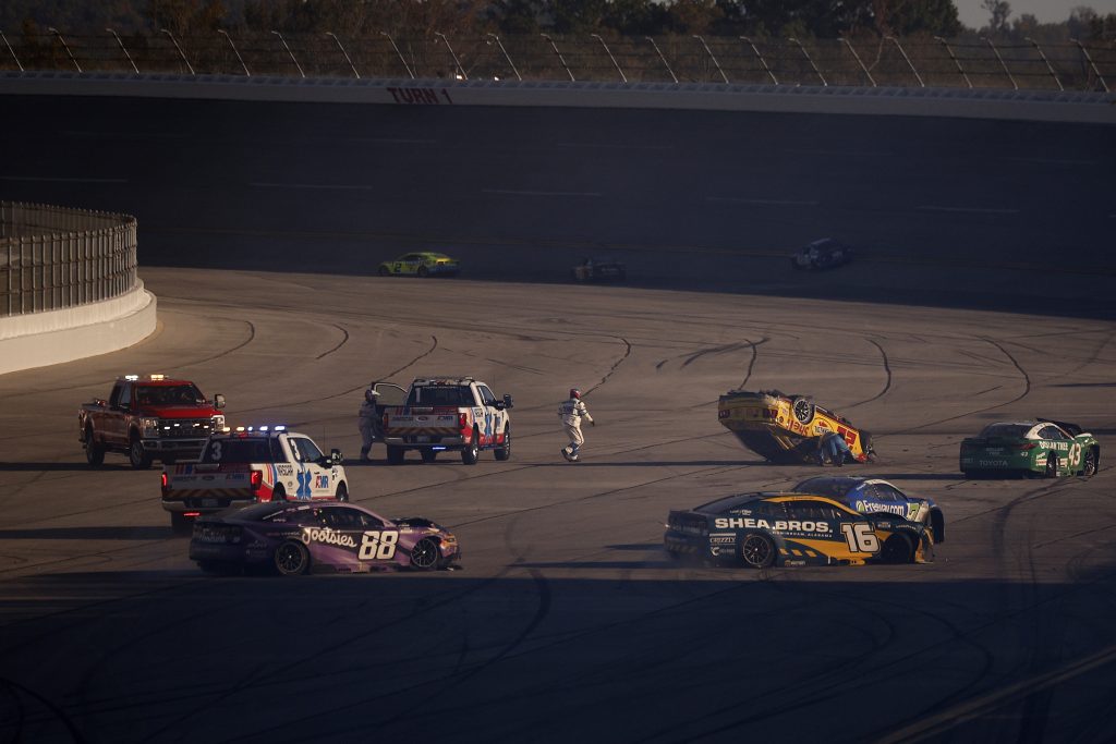 TALLADEGA, ALABAMA - OCTOBER 25: Joey Logano, driver of the #22 Shell Pennzoil Ford, sits flipped over after an on-track incident during the NASCAR Cup Series YellaWood 500 at Talladega Superspeedway on October 25, 2026 in Talladega, Alabama. (Photo by Sean Gardner/Getty Images) | Getty Images