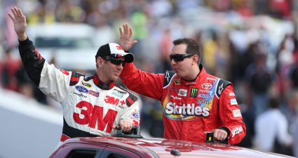 AVONDALE, AZ - MARCH 02:  Greg Biffle, driver of the #16 3M Ford, and Kyle Busch, driver of the #18 Skittles Toyota, during the NASCAR Sprint Cup Series The Profit On CNBC 500 at Phoenix International Raceway on March 2, 2014 in Avondale, Arizona.  (Photo by Todd Warshaw/NASCAR via Getty Images)