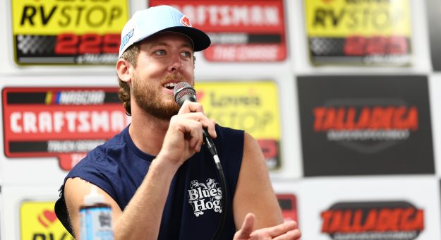 TALLADEGA, ALABAMA - OCTOBER 23: NASCAR Craftsman Truck Series driver, Cleetus Mcfarland speaks to the media prior to  qualifying for the NASCAR Craftsman Truck Series Love's RV Stop 225 at Talladega Superspeedway on October 23, 2026 in Talladega, Alabama. (Photo by Karl Anderson/Getty Images) | Getty Images