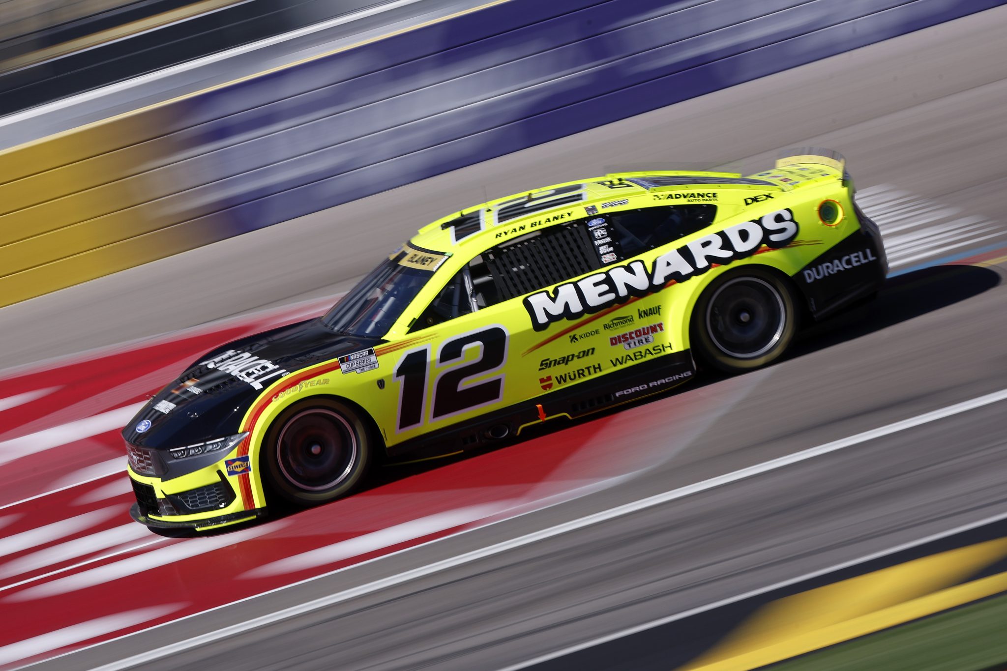LAS VEGAS, NEVADA - OCTOBER 03: Ryan Blaney, driver of the #12 Menards/Duracell Ford, drives during practice for the NASCAR Cup Series South Point 400 at Las Vegas Motor Speedway on October 03, 2026 in Las Vegas, Nevada. (Photo by Sean Gardner/Getty Images) | Getty Images