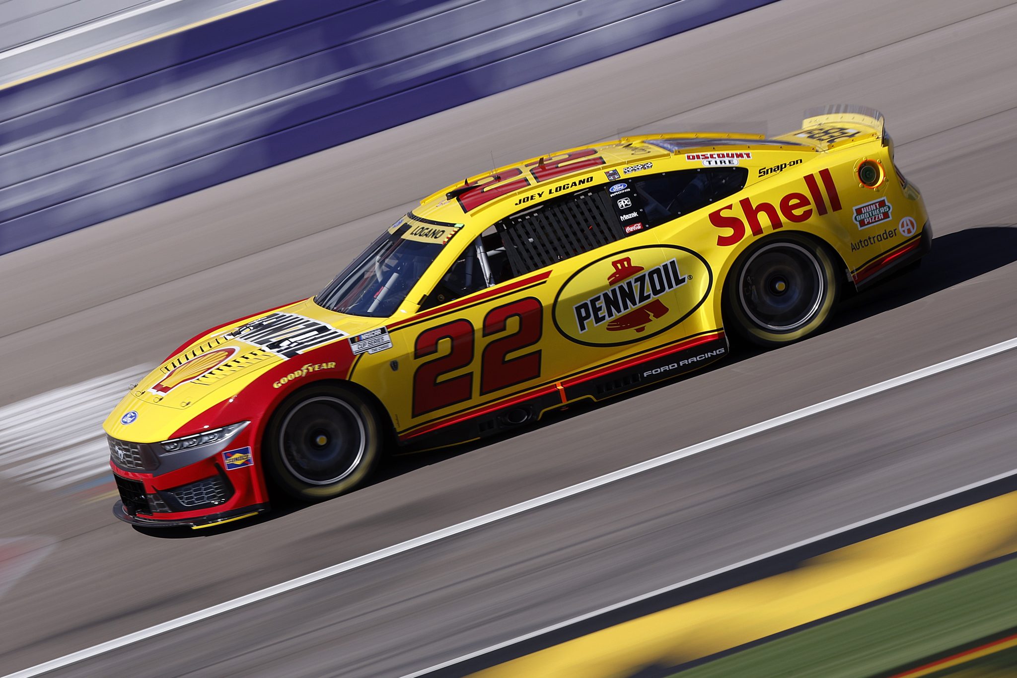 LAS VEGAS, NEVADA - OCTOBER 03: Joey Logano, driver of the #22 Shell Pennzoil Ford, drives during practice for the NASCAR Cup Series South Point 400 at Las Vegas Motor Speedway on October 03, 2026 in Las Vegas, Nevada. (Photo by Sean Gardner/Getty Images) | Getty Images