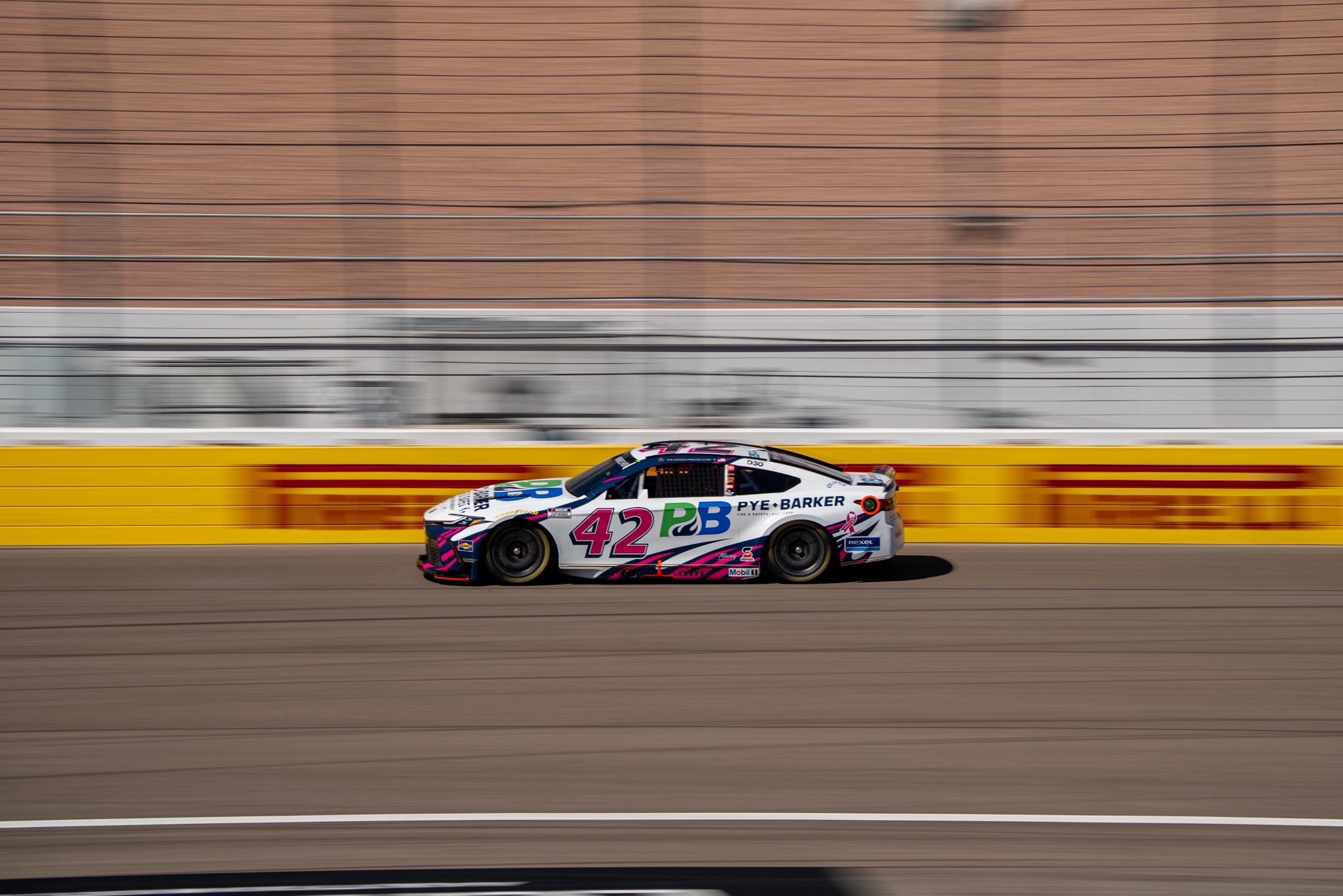 LAS VEGAS, NEVADA - OCTOBER 03: John Hunter Nemechek, driver of the #42 Pye-Barker Fire & Safety Toyota, drives during practice for the NASCAR Cup Series South Point 400 at Las Vegas Motor Speedway on October 03, 2026 in Las Vegas, Nevada. (Photo from Legacy Motor Club)