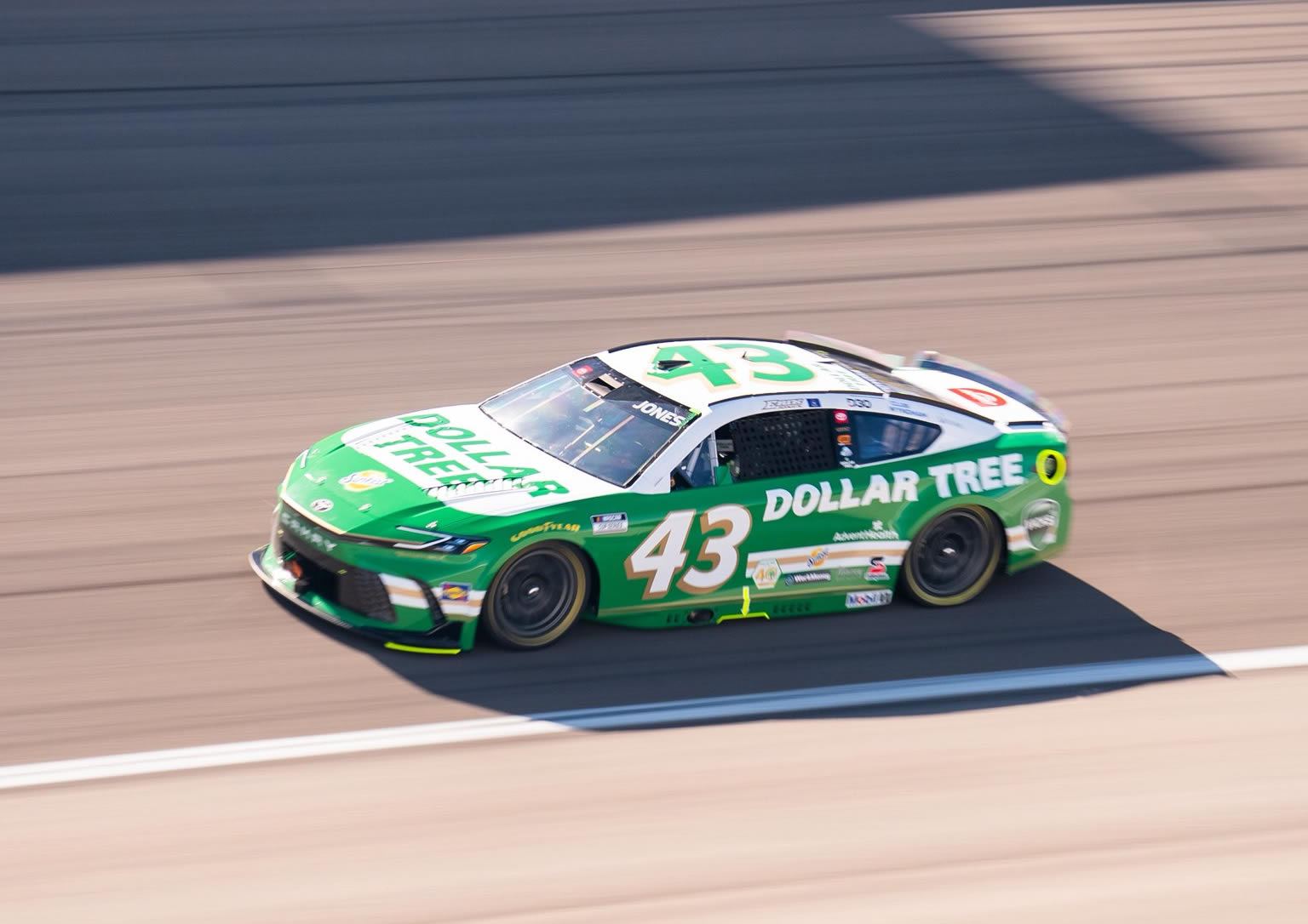 LAS VEGAS, NEVADA - OCTOBER 03: Erik Jones, driver of the #43 Dollar Tree Toyota, drives during practice for the NASCAR Cup Series South Point 400 at Las Vegas Motor Speedway on October 03, 2026 in Las Vegas, Nevada. (Photo from Legacy Motor Club)