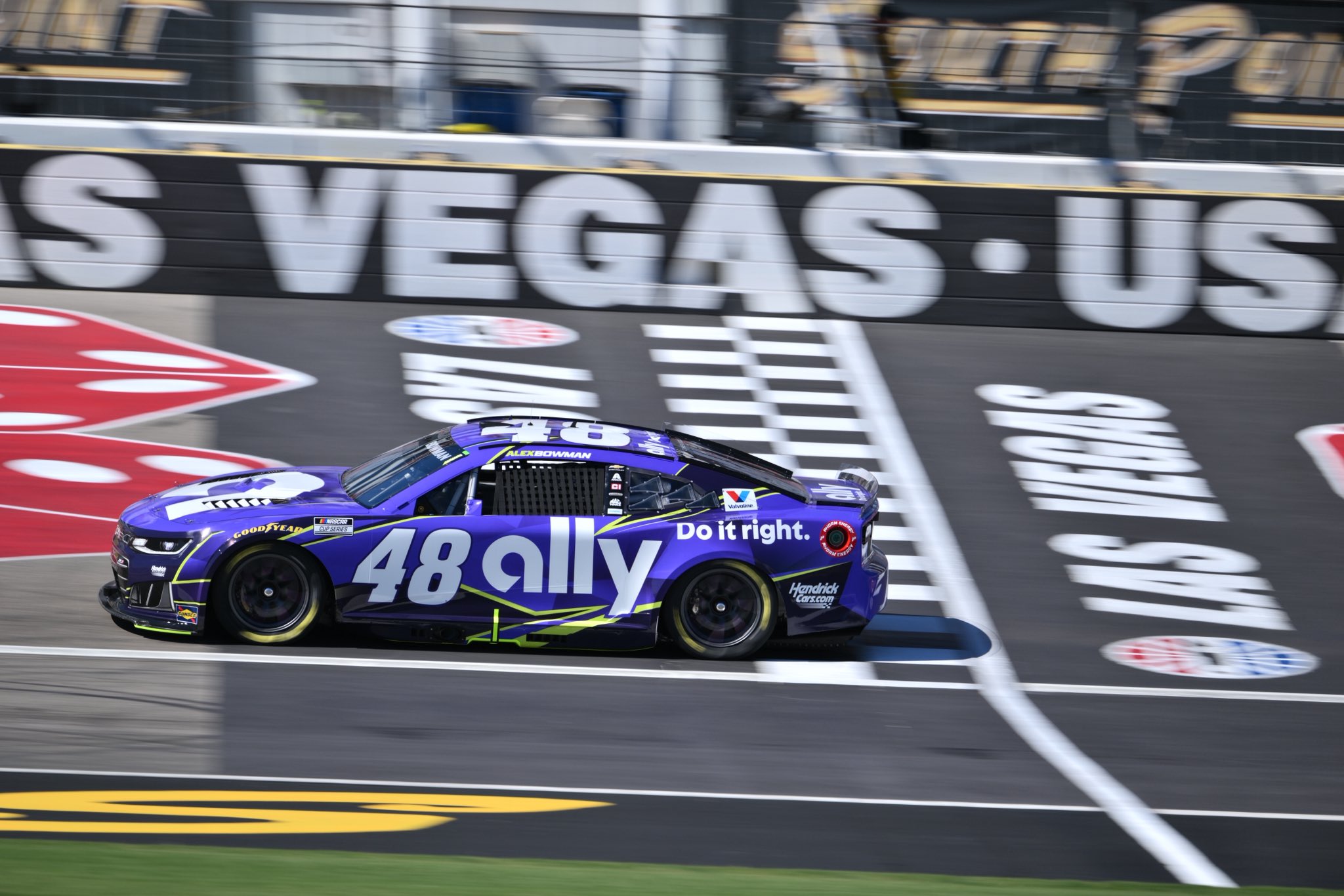 LAS VEGAS, NEVADA - OCTOBER 03: Alex Bowman, driver of the #48 Ally Chevrolet, drives during practice for the NASCAR Cup Series South Point 400 at Las Vegas Motor Speedway on October 03, 2026 in Las Vegas, Nevada. (Photo from Hendrick Motorsports)