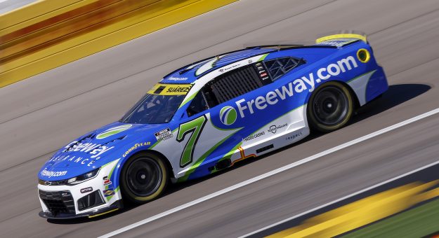LAS VEGAS, NEVADA - OCTOBER 03: Daniel Suarez, driver of the #7 Freeway Insurance Chevrolet, drives during practice for the NASCAR Cup Series South Point 400 at Las Vegas Motor Speedway on October 03, 2026 in Las Vegas, Nevada. (Photo by Sean Gardner/Getty Images) | Getty Images