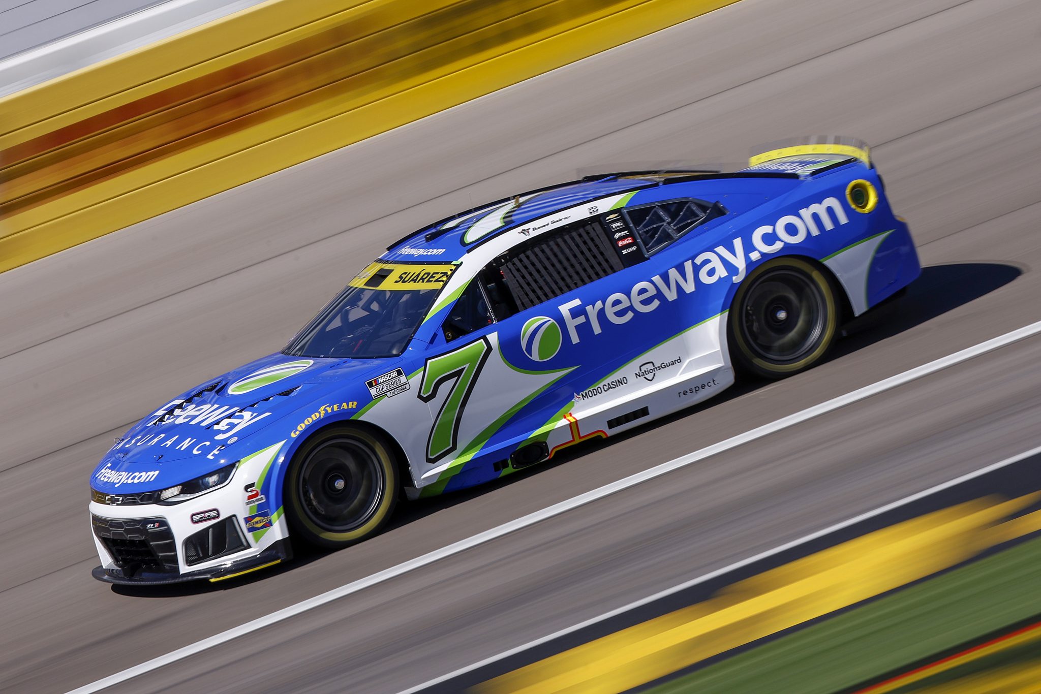 LAS VEGAS, NEVADA - OCTOBER 03: Daniel Suarez, driver of the #7 Freeway Insurance Chevrolet, drives during practice for the NASCAR Cup Series South Point 400 at Las Vegas Motor Speedway on October 03, 2026 in Las Vegas, Nevada. (Photo by Sean Gardner/Getty Images) | Getty Images