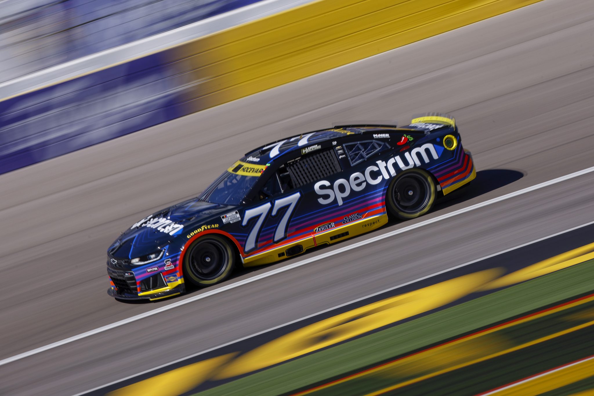 LAS VEGAS, NEVADA - OCTOBER 03: Carson Hocevar, driver of the #77 Spectrum Chevrolet, drives during practice for the NASCAR Cup Series South Point 400 at Las Vegas Motor Speedway on October 03, 2026 in Las Vegas, Nevada. (Photo by Sean Gardner/Getty Images) | Getty Images
