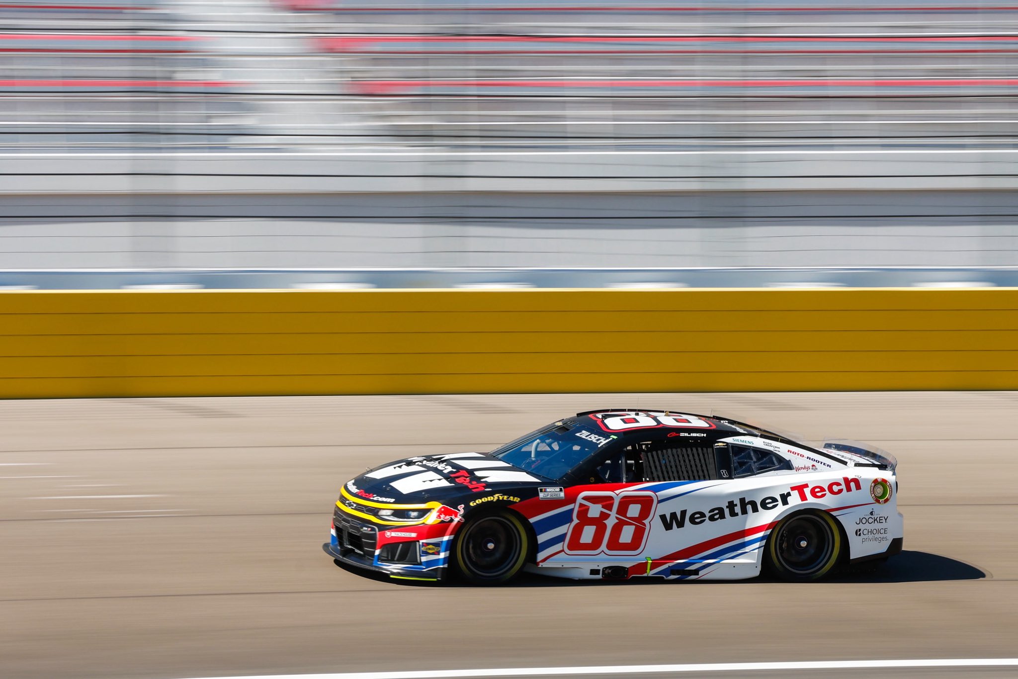 LAS VEGAS, NEVADA - OCTOBER 03: Connor Zilisch, driver of the #88 WeatherTech Chevrolet, drives during practice for the NASCAR Cup Series South Point 400 at Las Vegas Motor Speedway on October 03, 2026 in Las Vegas, Nevada. (Photo from Trackhouse Racing)