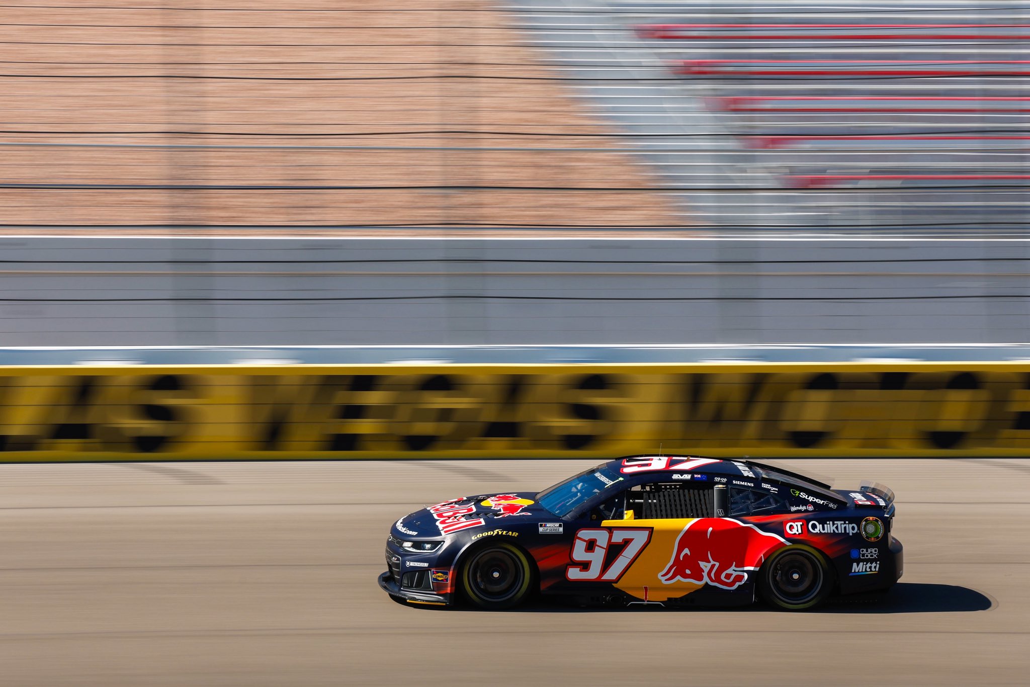 LAS VEGAS, NEVADA - OCTOBER 03: Shane Van Gisbergen, driver of the #97 Red Bull Chevrolet, drives during practice for the NASCAR Cup Series South Point 400 at Las Vegas Motor Speedway on October 03, 2026 in Las Vegas, Nevada. (Photo from Trackhouse Racing)