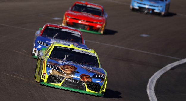 LAS VEGAS, NEVADA - OCTOBER 03: Brandon Jones, driver of the #20 Menards/NIBCO Toyota, drives during the NASCAR O'Reilly Auto Parts Series Focused Health 302 at Las Vegas Motor Speedway on October 03, 2026 in Las Vegas, Nevada. (Photo by Sean Gardner/Getty Images) | Getty Images