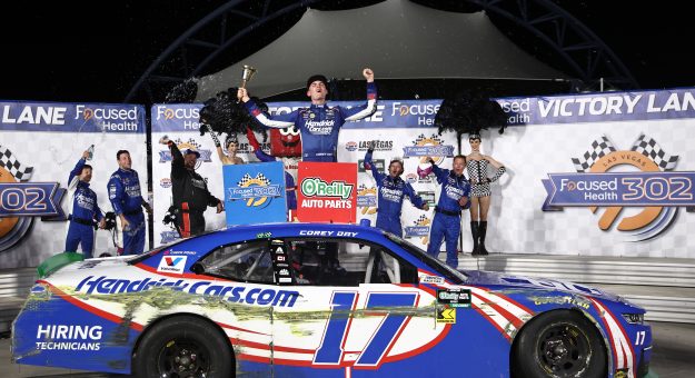 LAS VEGAS, NEVADA - OCTOBER 03: Corey Day, driver of the #17 HendrickCars.com Chevrolet, celebrates in victory lane after winning the NASCAR O'Reilly Auto Parts Series Focused Health 302 at Las Vegas Motor Speedway on October 03, 2026 in Las Vegas, Nevada. (Photo by Chris Graythen/Getty Images) | Getty Images
