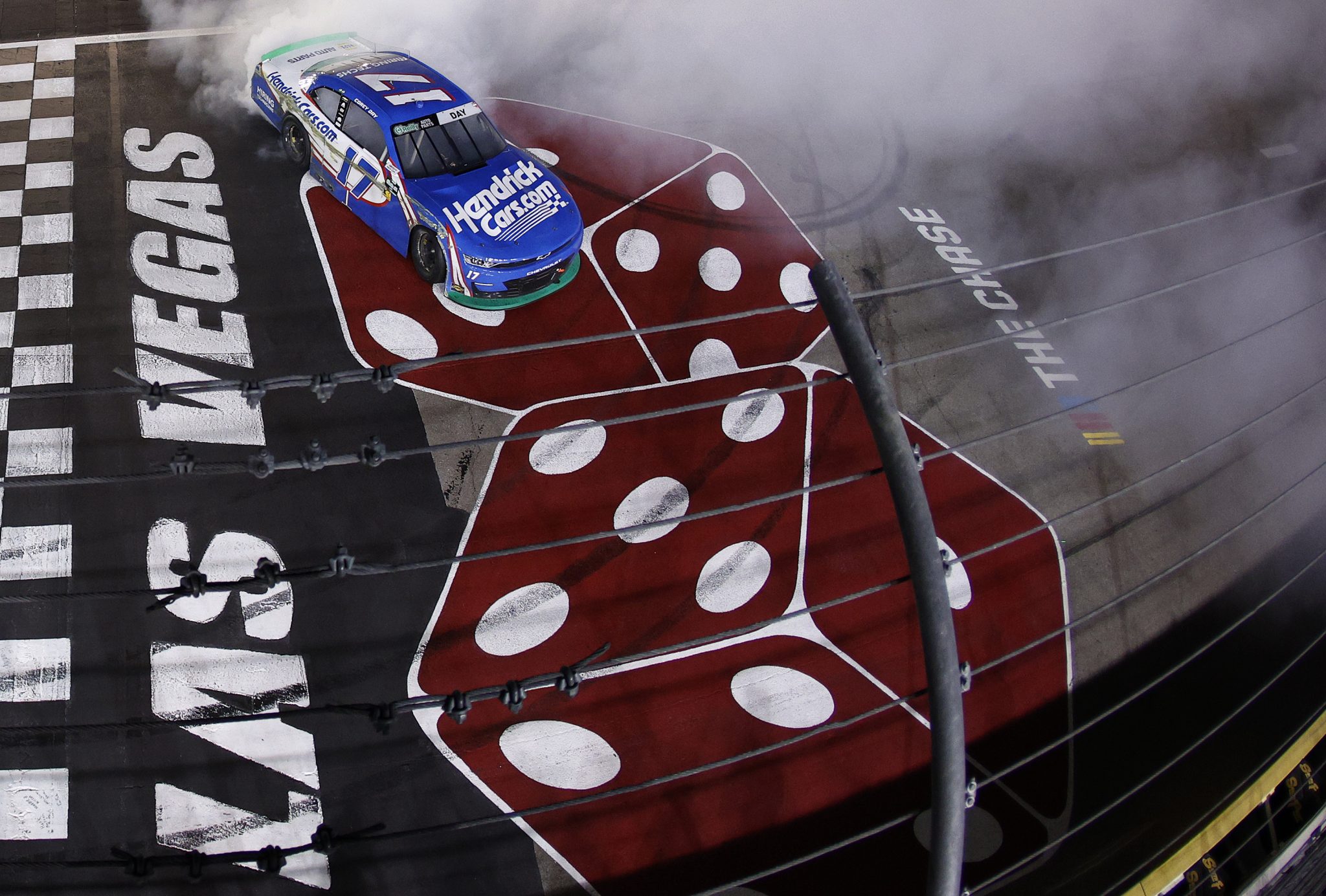 LAS VEGAS, NEVADA - OCTOBER 03: Corey Day, driver of the #17 HendrickCars.com Chevrolet, celebrates with a burnout after winning the NASCAR O'Reilly Auto Parts Series Focused Health 302 at Las Vegas Motor Speedway on October 03, 2026 in Las Vegas, Nevada. (Photo by Sean Gardner/Getty Images) | Getty Images