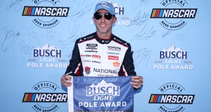 LAS VEGAS, NEVADA - OCTOBER 03: Denny Hamlin, driver of the #11 National Debt Relief Toyota, poses for photos after winning the pole award during qualifying for the NASCAR Cup Series South Point 400 at Las Vegas Motor Speedway on October 03, 2026 in Las Vegas, Nevada. (Photo by Chris Graythen/Getty Images) | Getty Images