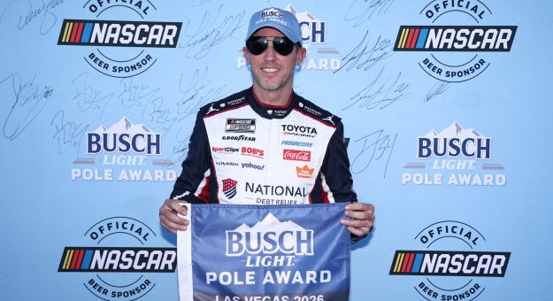 LAS VEGAS, NEVADA - OCTOBER 03: Denny Hamlin, driver of the #11 National Debt Relief Toyota, poses for photos after winning the pole award during qualifying for the NASCAR Cup Series South Point 400 at Las Vegas Motor Speedway on October 03, 2026 in Las Vegas, Nevada. (Photo by Chris Graythen/Getty Images) | Getty Images