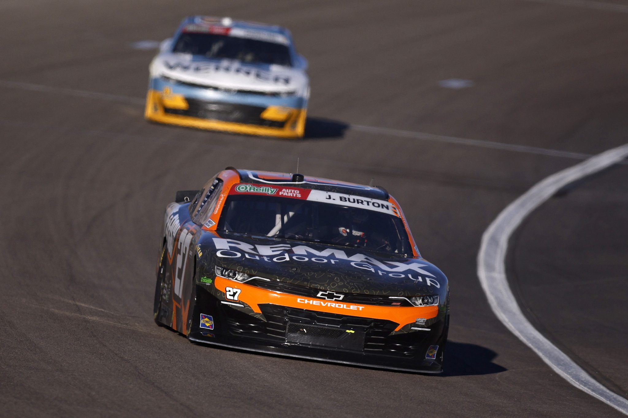 LAS VEGAS, NEVADA - OCTOBER 03: Jeb Burton, driver of the #27 RemaxOutdrGrp/Game&FishTV Chevrolet, drives during the NASCAR O'Reilly Auto Parts Series Focused Health 302 at Las Vegas Motor Speedway on October 03, 2026 in Las Vegas, Nevada. (Photo by Sean Gardner/Getty Images) | Getty Images
