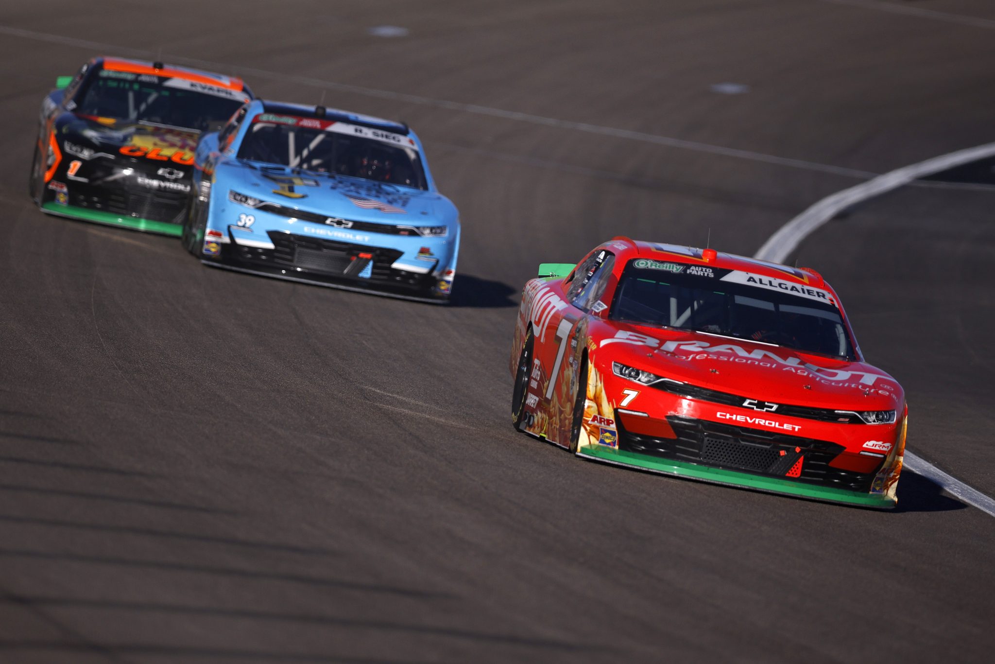 LAS VEGAS, NEVADA - OCTOBER 03: Justin Allgaier, driver of the #7 BRANDT Professional Agriculture Chevrolet, drives during the NASCAR O'Reilly Auto Parts Series Focused Health 302 at Las Vegas Motor Speedway on October 03, 2026 in Las Vegas, Nevada. (Photo by Sean Gardner/Getty Images) | Getty Images