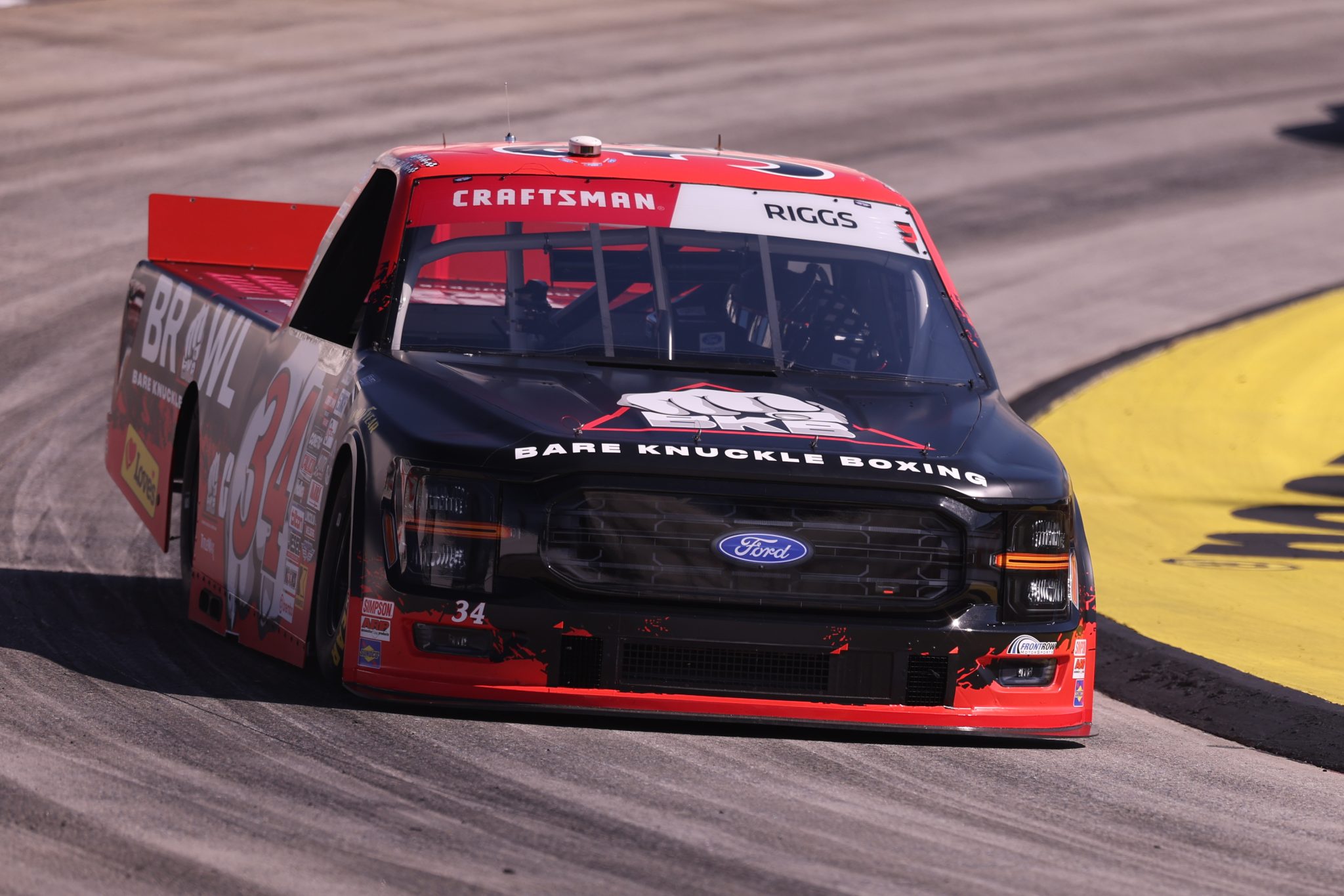 MARTINSVILLE, VIRGINIA - OCTOBER 30: Layne Riggs, driver of the #34 BKB Bare Knuckle Boxing Ford, practices for the NASCAR Craftsman Truck Series Black's Tire 200 presented by Down East Heating & Air Conditioning at Martinsville Speedway on October 30, 2026 in Martinsville, Virginia. (Photo by David Jensen/Getty Images) | Getty Images
