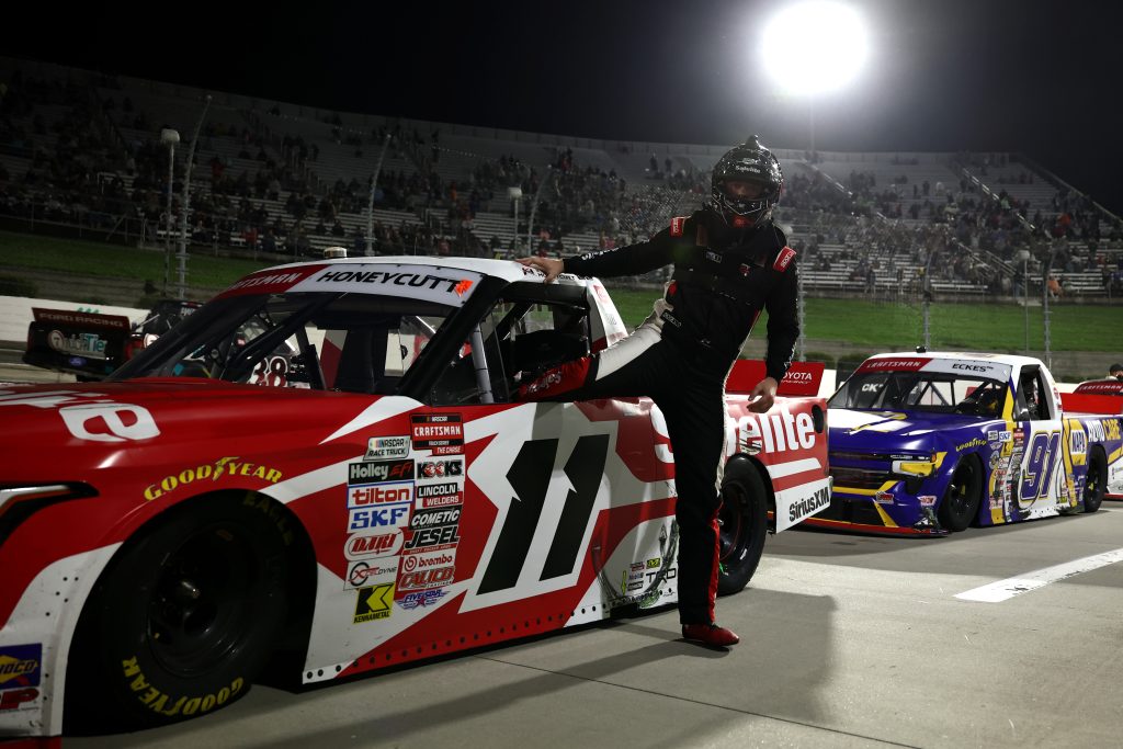 MARTINSVILLE, VIRGINIA - OCTOBER 30: Kaden Honeycutt, driver of the #11 Safelite Toyota, climbs out of his truck after the NASCAR Craftsman Truck Series Black's Tire 200 presented by Down East Heating & Air Conditioning at Martinsville Speedway on October 30, 2026 in Martinsville, Virginia. (Photo by Jared C. Tilton/Getty Images) | Getty Images