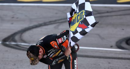 LAS VEGAS, NEVADA - OCTOBER 04: Chase Briscoe, driver of the #19 Bass Pro Shops Toyota, takes a bow in tribute to the late Kyle Busch after winning the NASCAR Cup Series South Point 400 at Las Vegas Motor Speedway on October 04, 2026 in Las Vegas, Nevada. (Photo by Chris Graythen/Getty Images) | Getty Images