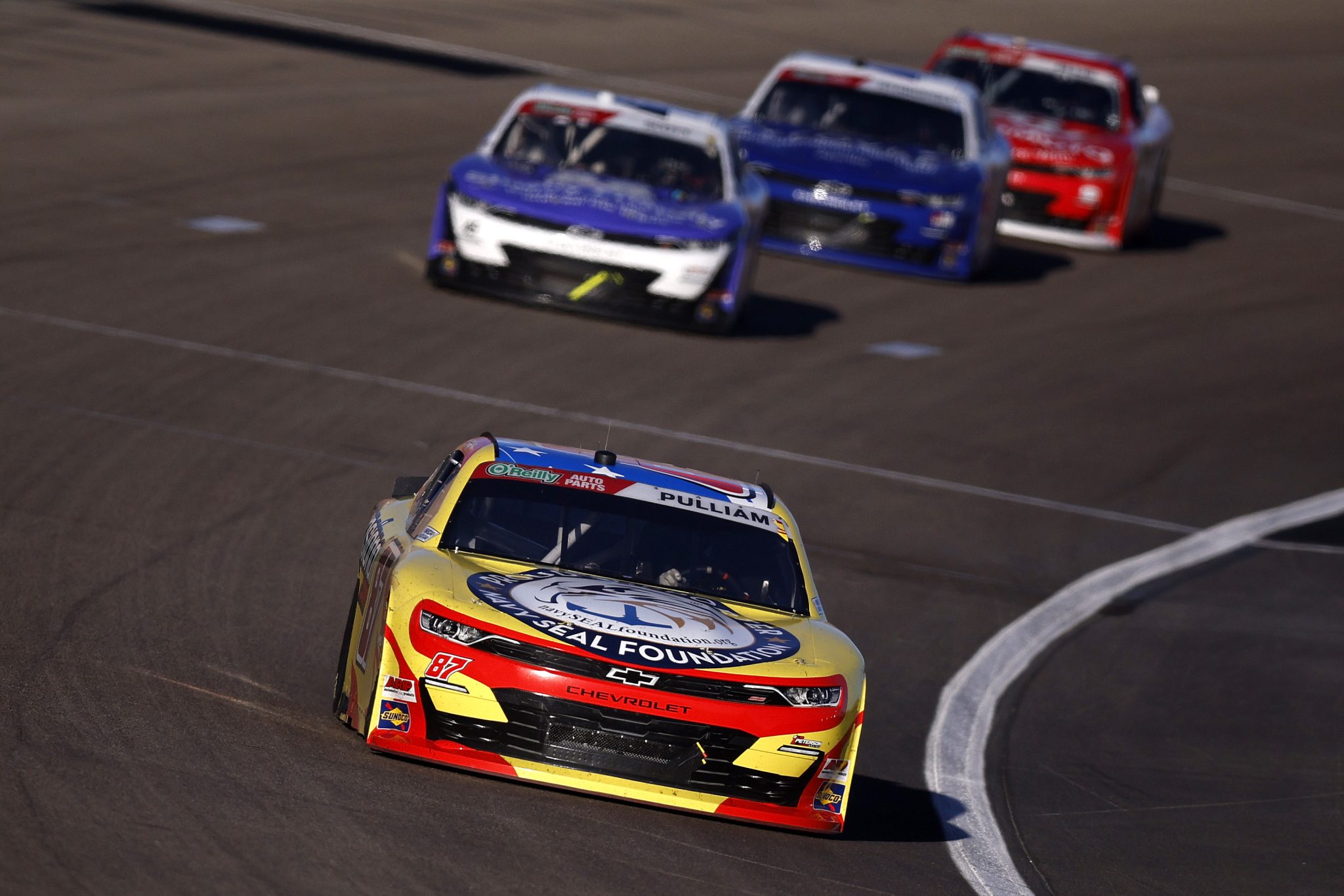 LAS VEGAS, NEVADA - OCTOBER 03: Lee Pulliam, driver of the #87 3 Dimensional Services Chevrolet, drives during the NASCAR O'Reilly Auto Parts Series Focused Health 302 at Las Vegas Motor Speedway on October 03, 2026 in Las Vegas, Nevada. (Photo by Sean Gardner/Getty Images) | Getty Images