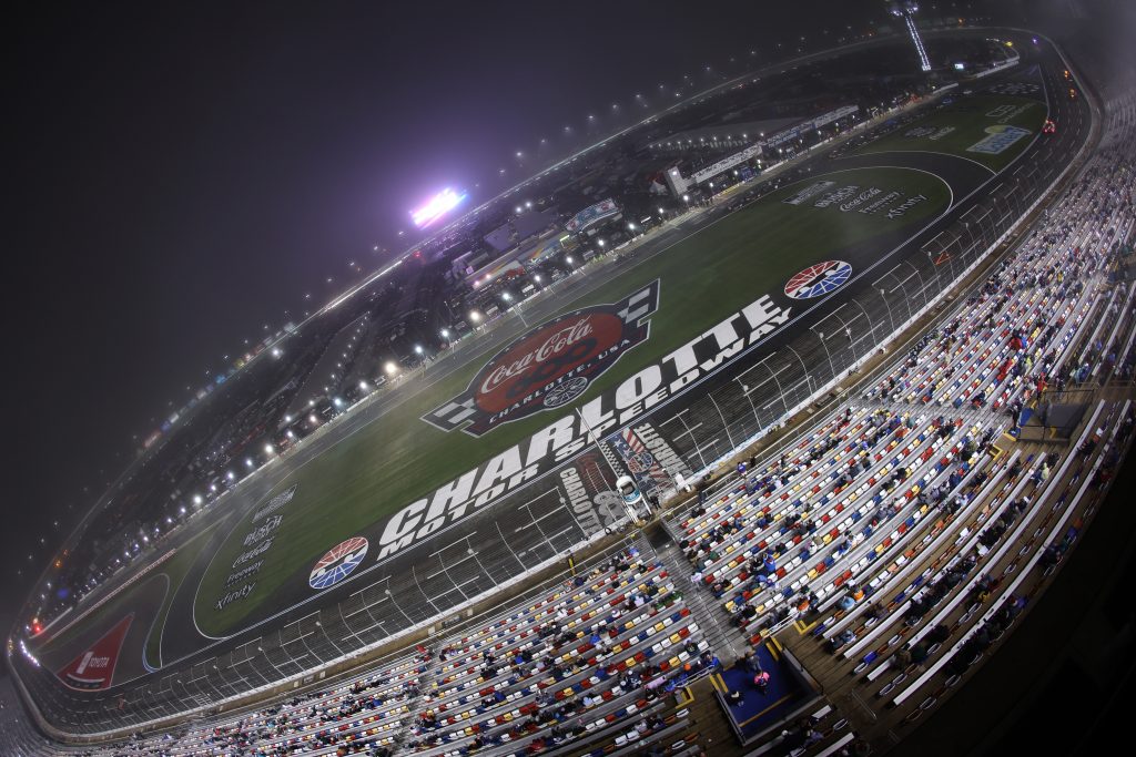 CONCORD, NORTH CAROLINA - MAY 23: A general view of the track from the grandstands during a weather delay in the NASCAR O'Reilly Auto Parts Series Charbroil 300 at Charlotte Motor Speedway on May 23, 2026 in Concord, North Carolina. (Photo by David Jensen/Getty Images) | Getty Images