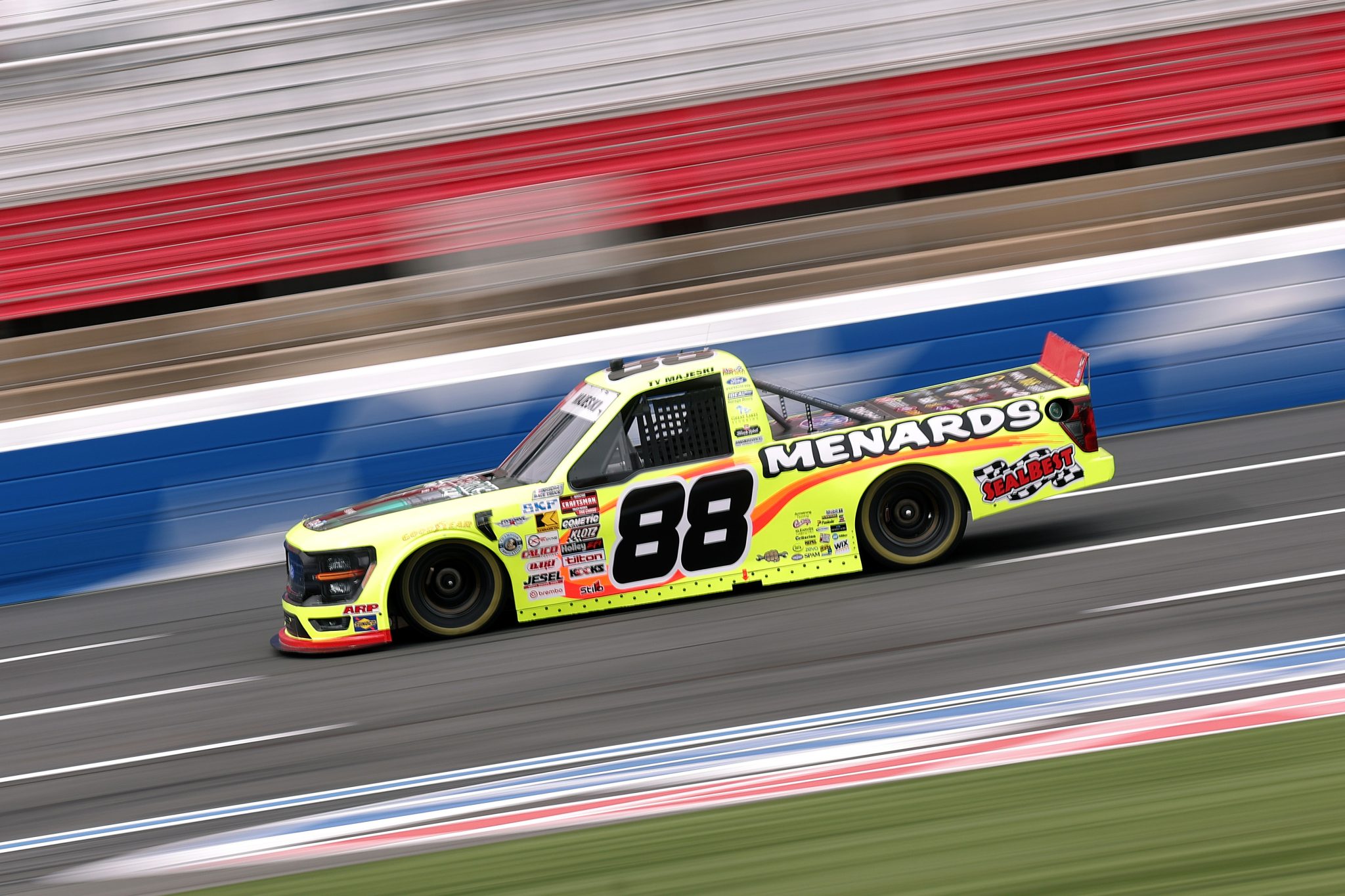 CONCORD, NORTH CAROLINA - OCTOBER 09: Ty Majeski, driver of the #88 MasterForce/Menards Ford, drives during practice for the NASCAR Craftsman Truck Series Ecosave 200 at Charlotte Motor Speedway on October 09, 2026 in Concord, North Carolina. (Photo by David Jensen/Getty Images) | Getty Images