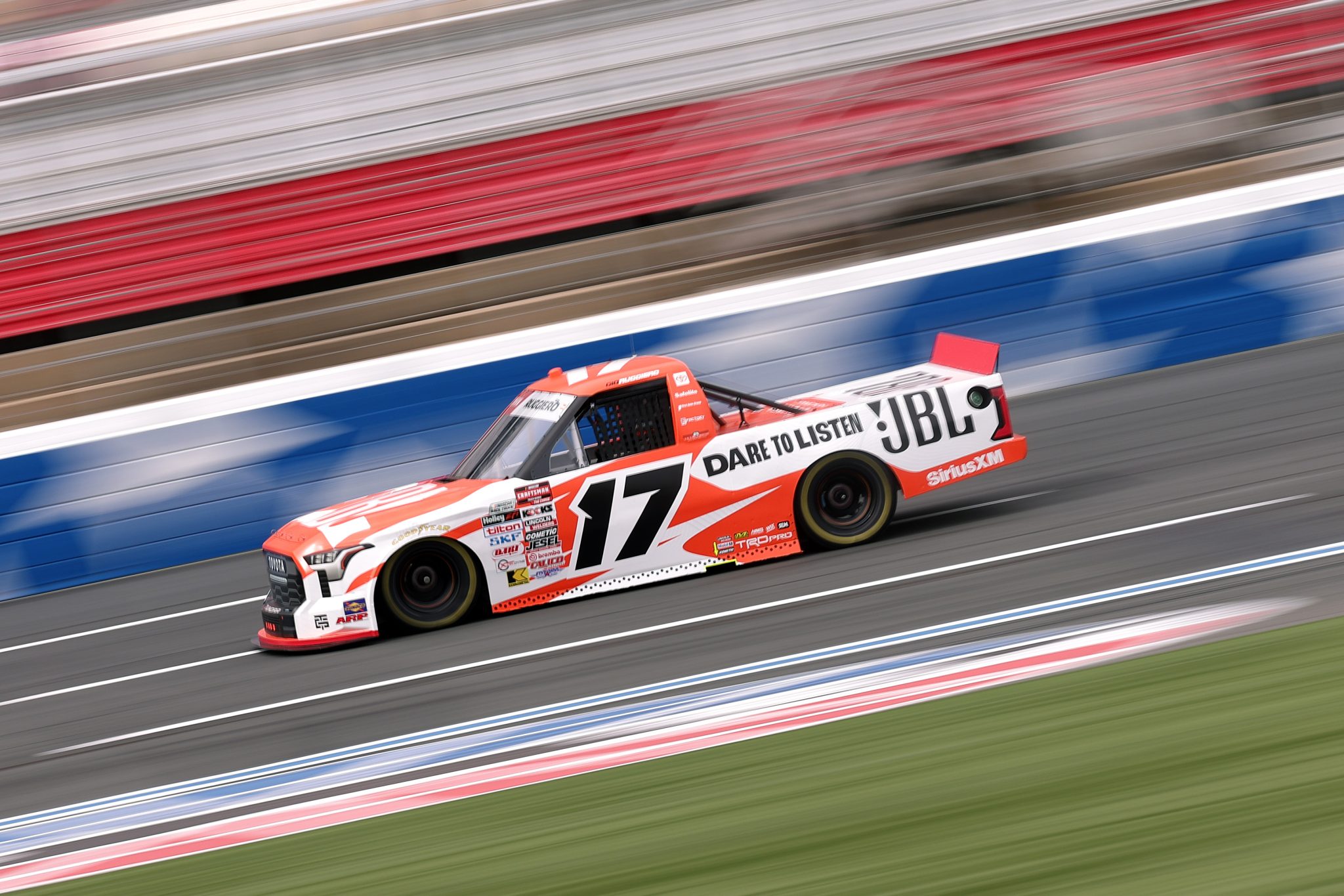 CONCORD, NORTH CAROLINA - OCTOBER 09: Giovanni Ruggiero, driver of the #17 JBL Toyota, drives during practice for the NASCAR Craftsman Truck Series Ecosave 200 at Charlotte Motor Speedway on October 09, 2026 in Concord, North Carolina. (Photo by David Jensen/Getty Images) | Getty Images