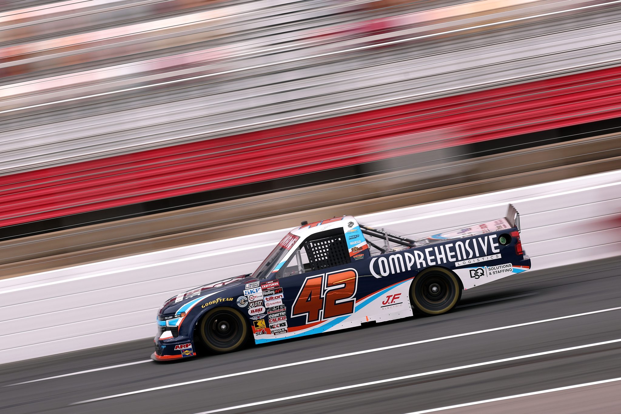 CONCORD, NORTH CAROLINA - OCTOBER 09: Conner Jones, driver of the #42 Comprehensive Logistics Chevrolet, drives during practice for the NASCAR Craftsman Truck Series Ecosave 200 at Charlotte Motor Speedway on October 09, 2026 in Concord, North Carolina. (Photo by David Jensen/Getty Images) | Getty Images