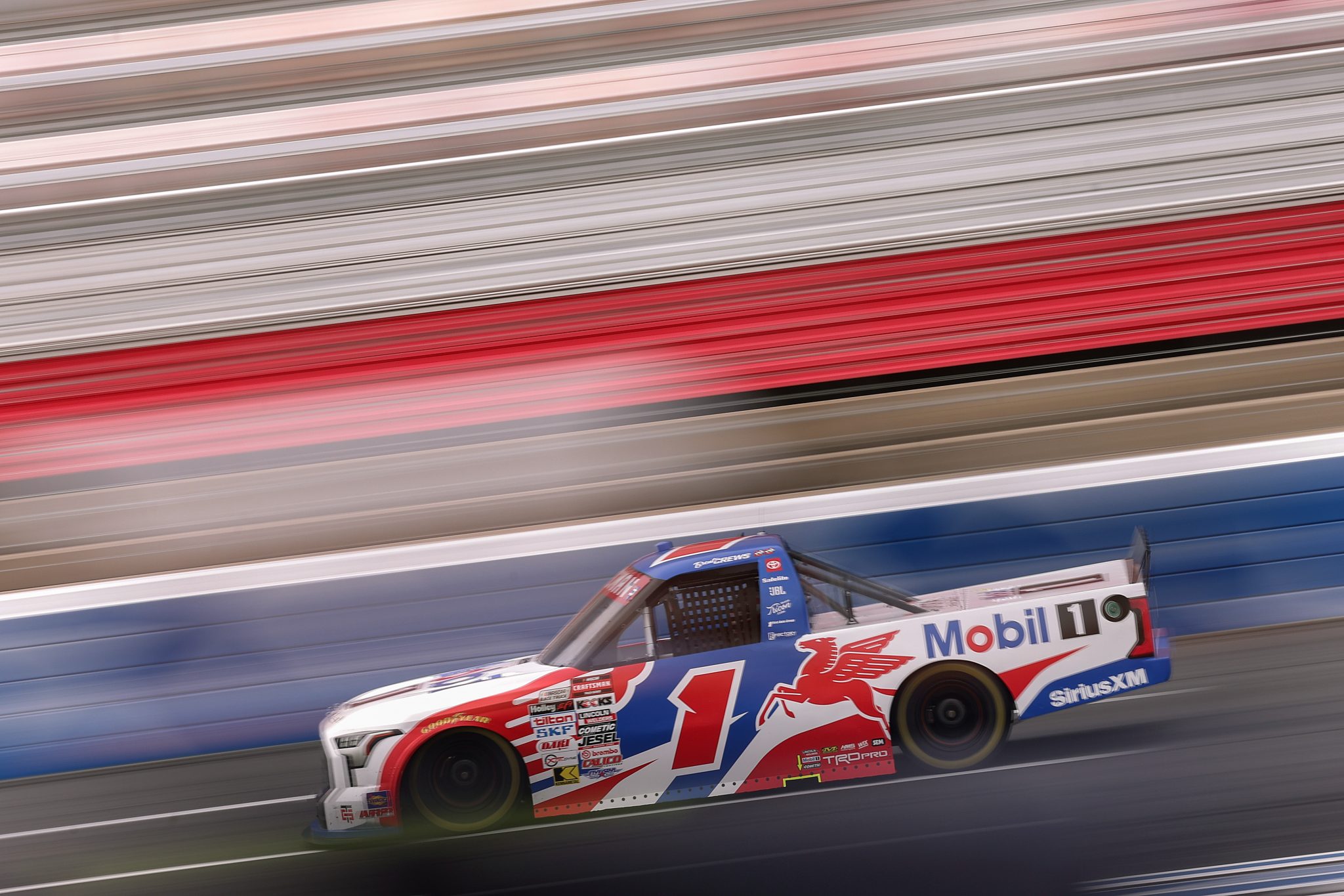CONCORD, NORTH CAROLINA - OCTOBER 09: Brent Crews, driver of the #1 Mobil 1 Toyota, drives , driver of the #1 Mobil 1 Toyota, drives during practice for the NASCAR Craftsman Truck Series Ecosave 200 at Charlotte Motor Speedway on October 09, 2026 in Concord, North Carolina. (Photo by David Jensen/Getty Images) | Getty Images