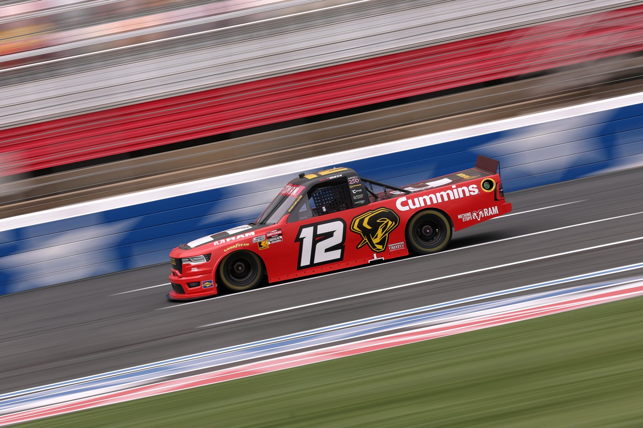 CONCORD, NORTH CAROLINA - OCTOBER 09: Brenden Queen, driver of the #12 Cummins RAM, drives during practice for the NASCAR Craftsman Truck Series Ecosave 200 at Charlotte Motor Speedway on October 09, 2026 in Concord, North Carolina. (Photo by David Jensen/Getty Images) | Getty Images