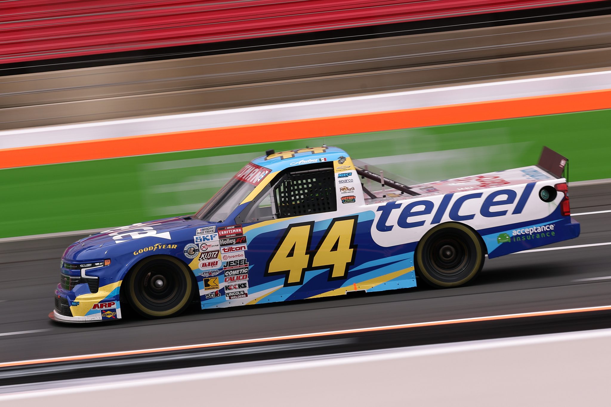 CONCORD, NORTH CAROLINA - OCTOBER 09: Andres Perez De Lara, driver of the #44 Telcel Chevrolet, drives during practice for the NASCAR Craftsman Truck Series Ecosave 200 at Charlotte Motor Speedway on October 09, 2026 in Concord, North Carolina. (Photo by David Jensen/Getty Images) | Getty Images