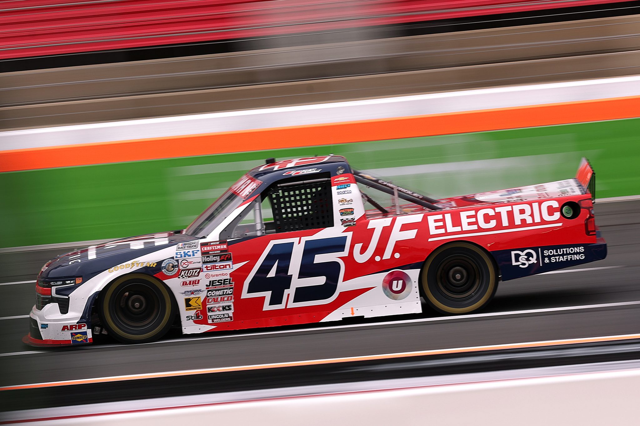 CONCORD, NORTH CAROLINA - OCTOBER 09: Landen Lewis, driver of the #45 J.F. Electric/Utilitra Chevrolet, drives during practice for the NASCAR Craftsman Truck Series Ecosave 200 at Charlotte Motor Speedway on October 09, 2026 in Concord, North Carolina. (Photo by David Jensen/Getty Images) | Getty Images