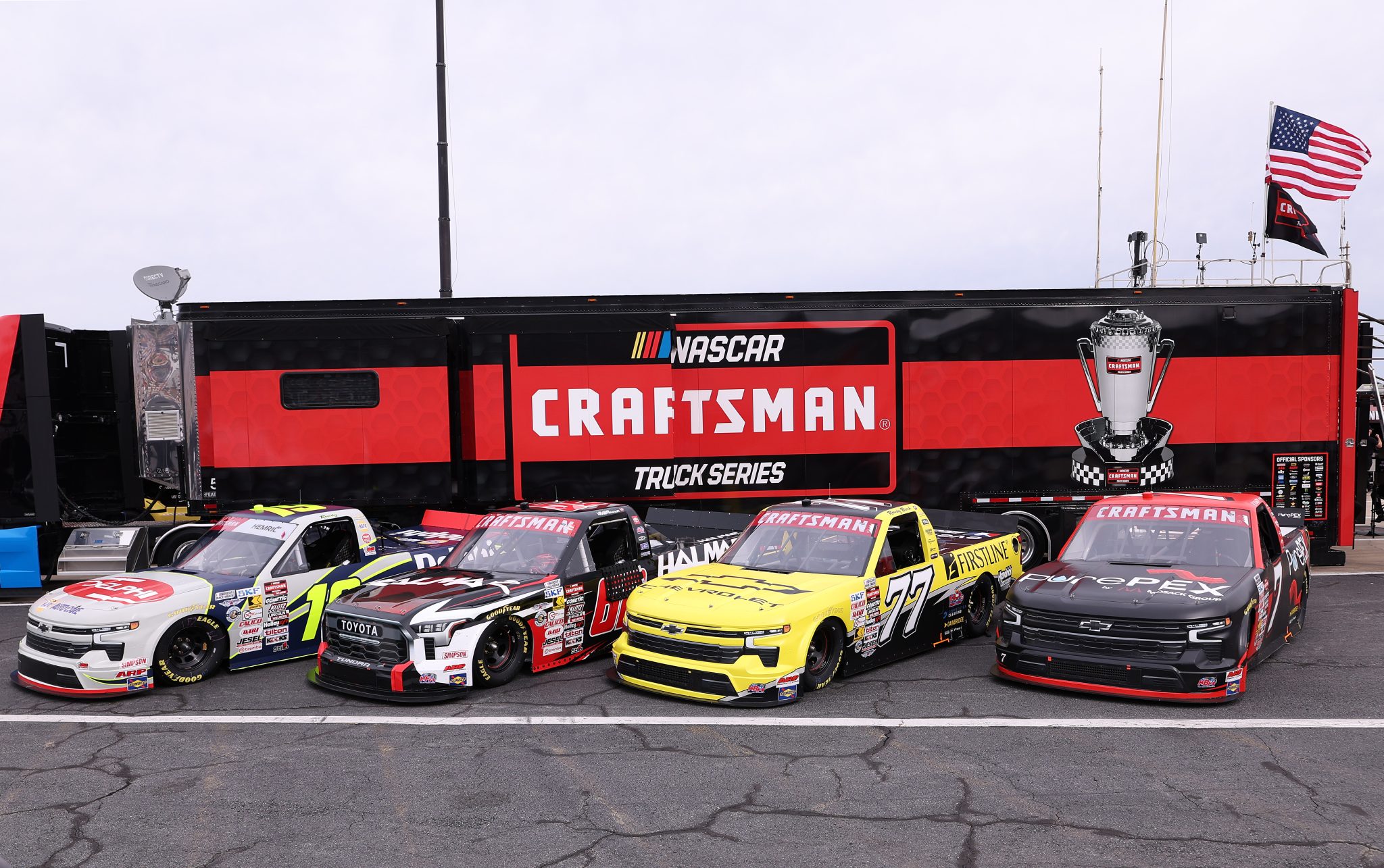 CONCORD, NORTH CAROLINA - OCTOBER 09: (L-R) The #19 Delphi Chevrolet driven by Daniel Hemric, the #62 Halmar International Toyota driven by Leland Honeyman Jr., the #77 Chevrolet Chevrolet driven by Rajah Caruth and the #7 PurePEX Chevrolet driven by Connor Mosack, the special tribute paint schemes to honor late driver Kyle Busch after qualifying for the NASCAR Craftsman Truck Series Ecosave 200 at Charlotte Motor Speedway on October 09, 2026 in Concord, North Carolina. (Photo by David Jensen/Getty Images) | Getty Images