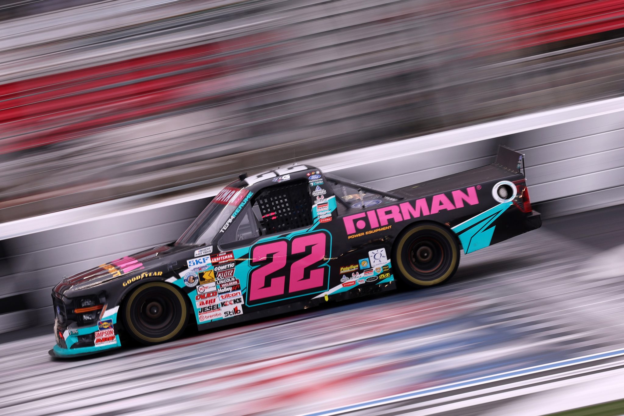CONCORD, NORTH CAROLINA - OCTOBER 09: Clayton Green, driver of the #22 Firman Power Equipment Ford, drives during the NASCAR Craftsman Truck Series Ecosave 200 at Charlotte Motor Speedway on October 09, 2026 in Concord, North Carolina. (Photo by David Jensen/Getty Images) | Getty Images