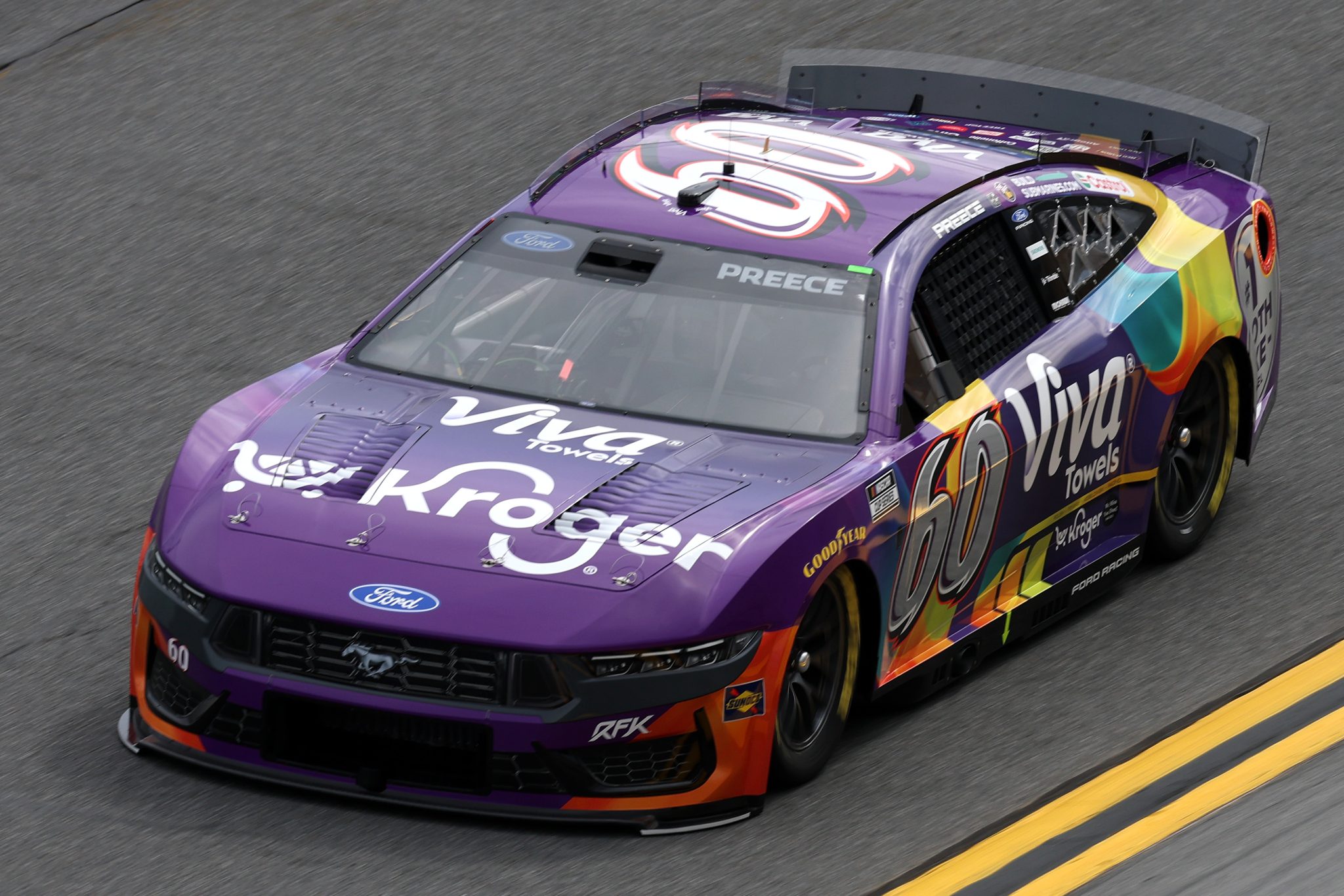 DAYTONA BEACH, FLORIDA - FEBRUARY 11: Ryan Preece, driver of the #60 Kroger/Viva Towels Ford, drives during practice for the NASCAR Cup Series Daytona 500 at Daytona International Speedway on February 11, 2026 in Daytona Beach, Florida. (Photo by Chris Graythen/Getty Images) | Getty Images