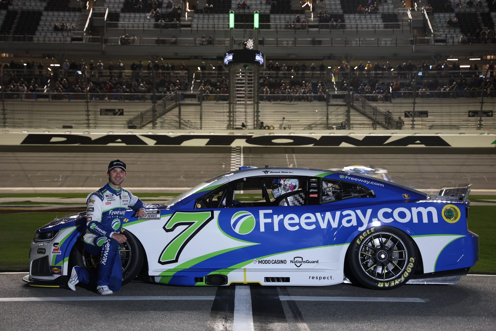 DAYTONA BEACH, FLORIDA - FEBRUARY 11: Daniel Suarez, driver of the #7 Freeway Insurance Chevrolet, poses for a photo during qualifying for the NASCAR Cup Series Daytona 500 at Daytona International Speedway on February 11, 2026 in Daytona Beach, Florida. (Photo by Chris Graythen/Getty Images) | Getty Images