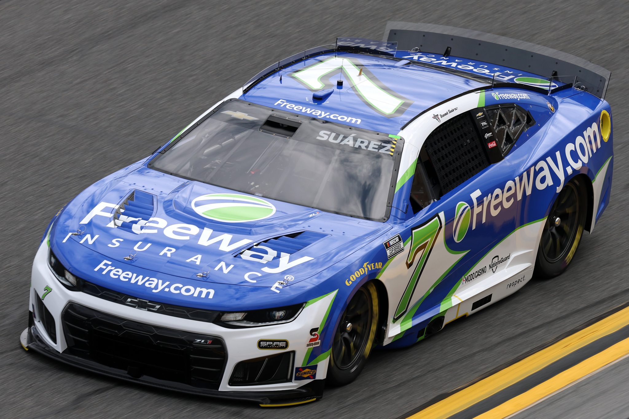 DAYTONA BEACH, FLORIDA - FEBRUARY 11: Daniel Suarez, driver of the #7 Freeway Insurance Chevrolet, drives during practice for the NASCAR Cup Series Daytona 500 at Daytona International Speedway on February 11, 2026 in Daytona Beach, Florida. (Photo by Chris Graythen/Getty Images) | Getty Images