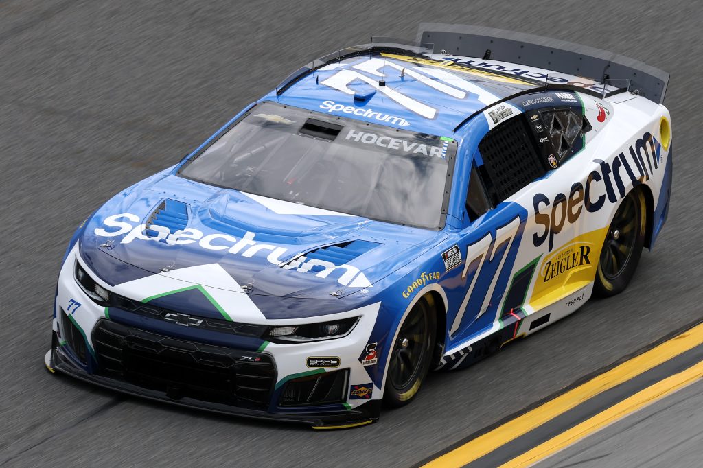 DAYTONA BEACH, FLORIDA - FEBRUARY 11: Carson Hocevar, driver of the #77 Spectrum Chevrolet, drives during practice for the NASCAR Cup Series Daytona 500 at Daytona International Speedway on February 11, 2026 in Daytona Beach, Florida. (Photo by Chris Graythen/Getty Images) | Getty Images