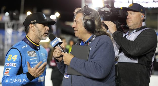 DAYTONA BEACH, FLORIDA - FEBRUARY 11: Jimmie Johnson, driver of the #84 Carvana Toyota, speaks to the media during qualifying for the NASCAR Cup Series Daytona 500 at Daytona International Speedway on February 11, 2026 in Daytona Beach, Florida. (Photo by Patrick McDermott/Getty Images) | Getty Images